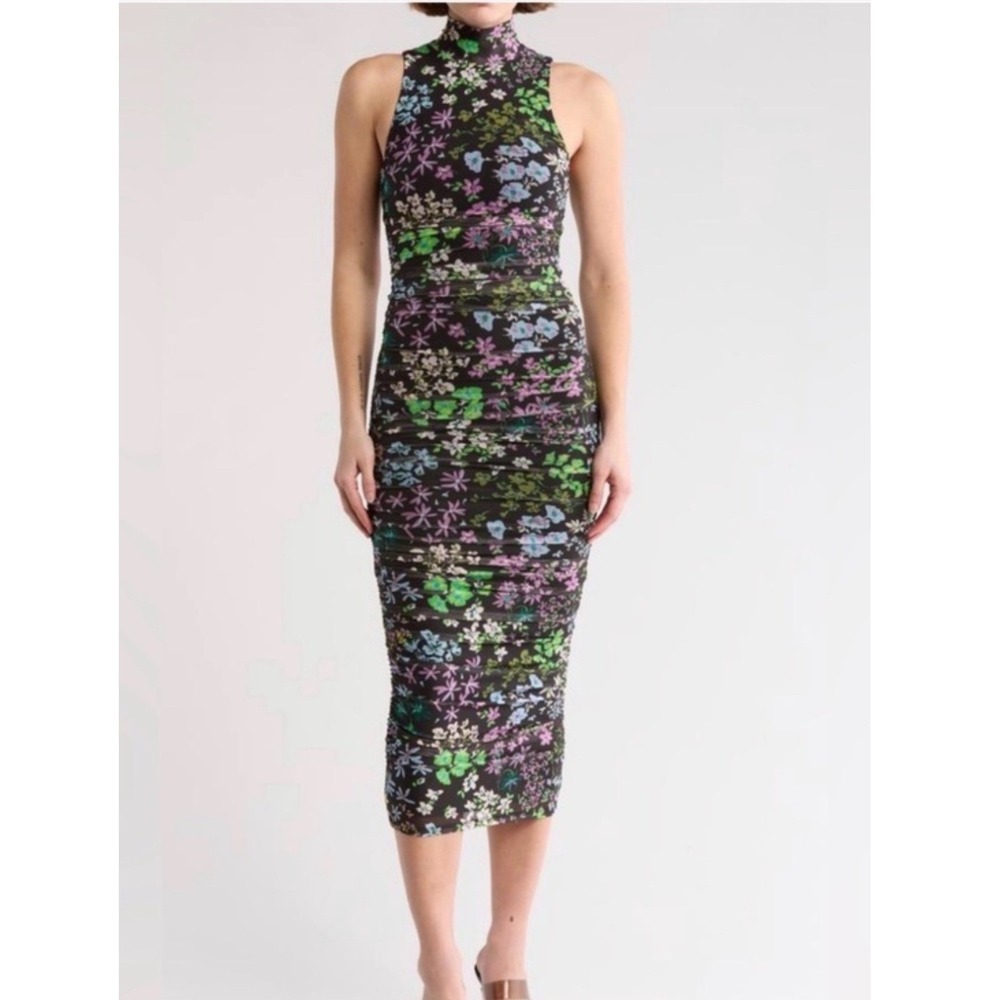 AFRM Floral Mesh Ruched Mock Neck Midi Dress Black Multi Size Small